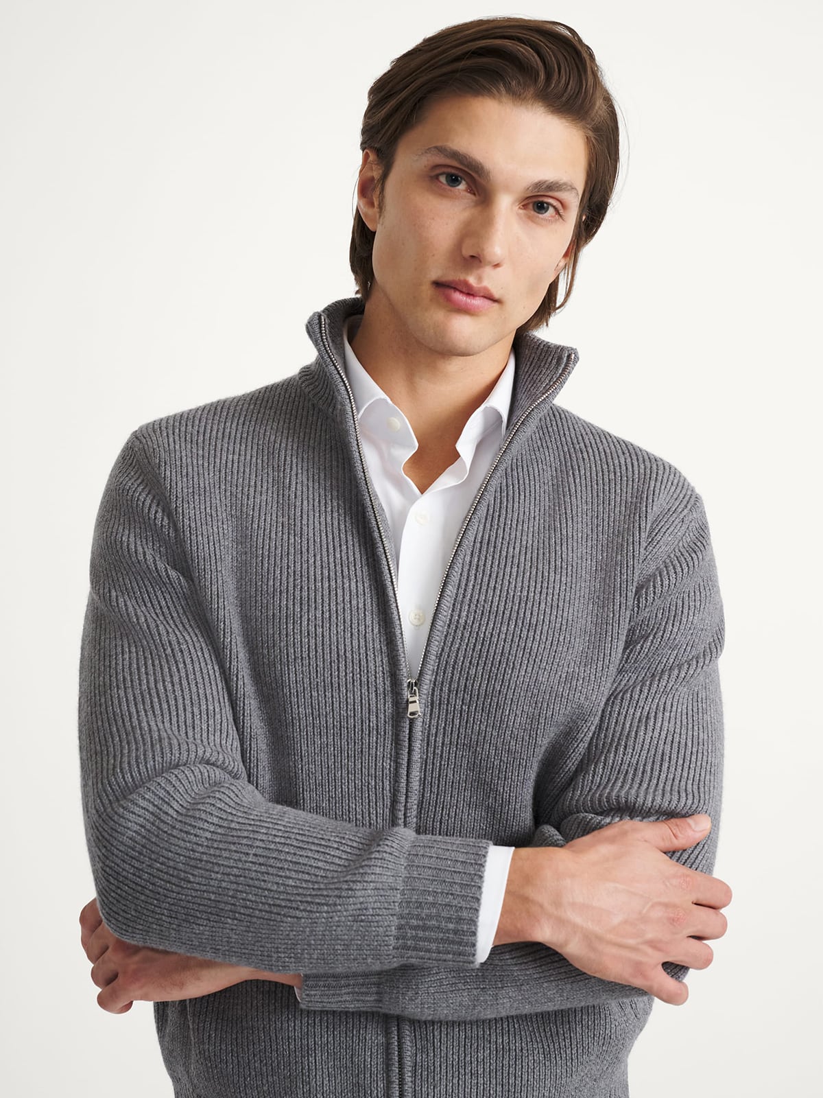 Charcoal Merino Wool Full-Zip Sweater - Proper Cloth