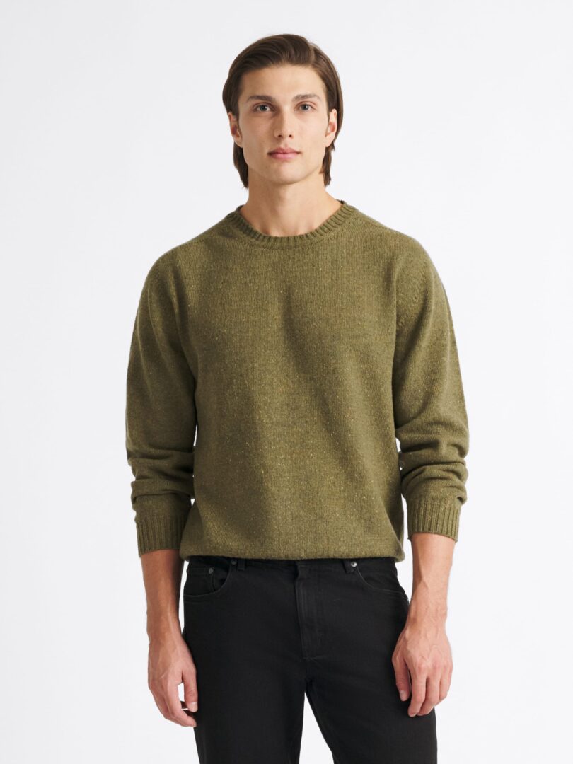 Olive Italian Merino Wool Donegal Crewneck Sweater Thumb Detail