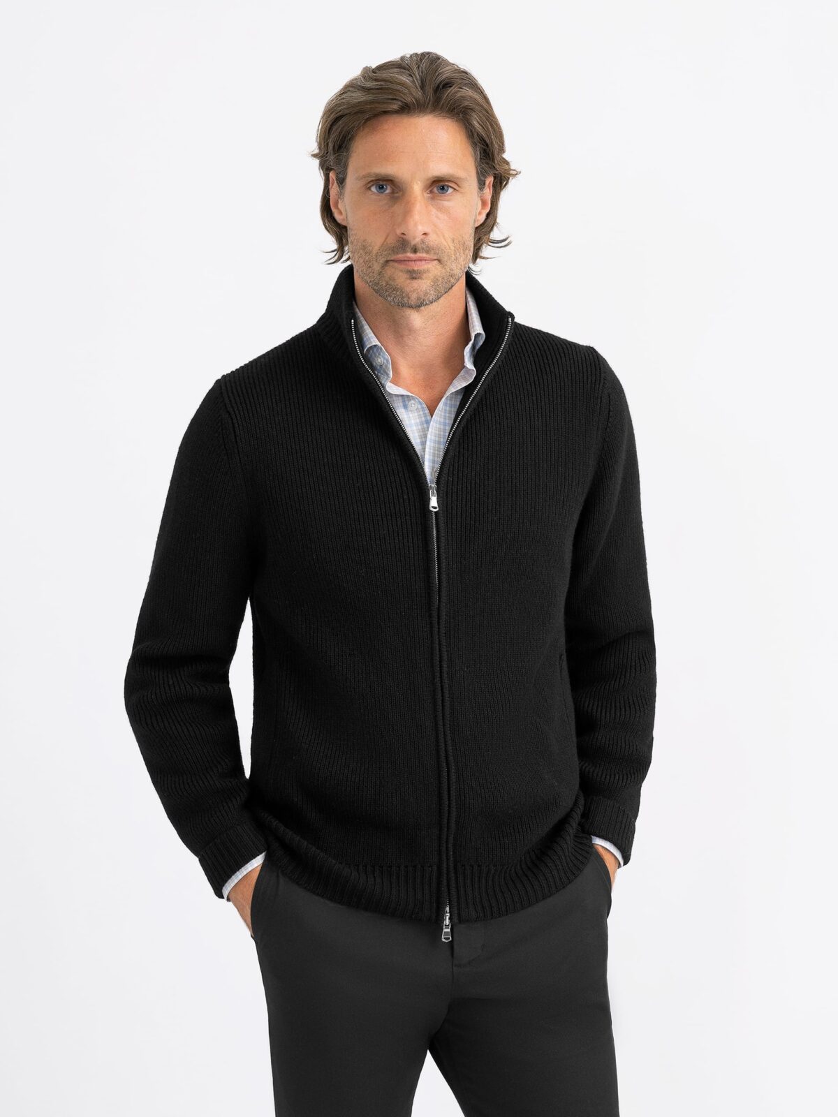 Black Merino Wool Full-Zip Sweater - Proper Cloth