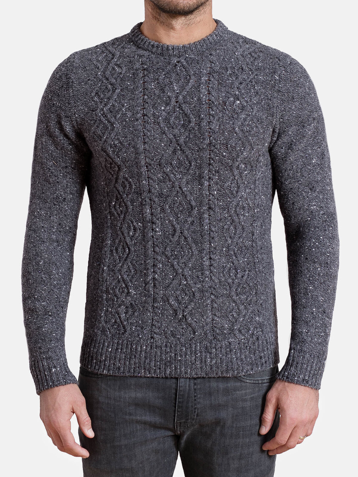Grey Italian Wool and Cashmere Aran Crewneck Sweater