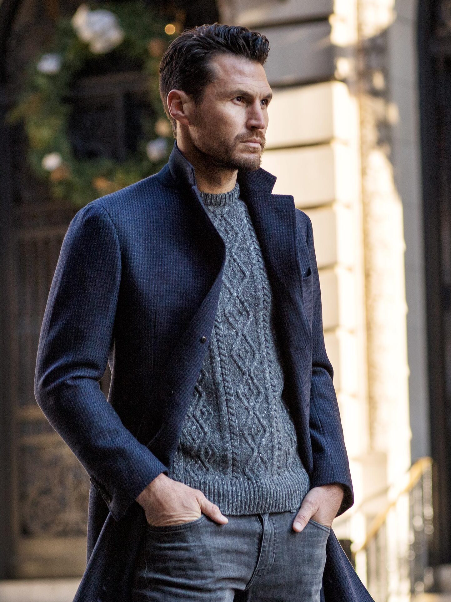 Grey Italian Wool and Cashmere Aran Crewneck Sweater by Proper Cloth