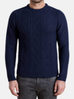 Navy Italian Wool and Cashmere Aran Crewneck Sweater Product Thumbnail 2