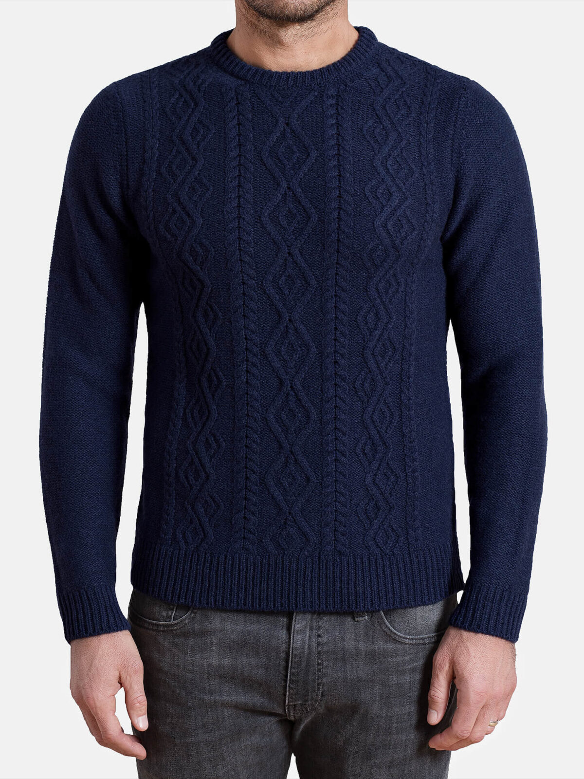 Navy Italian Wool and Cashmere Aran Crewneck Sweater