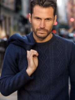 Navy Italian Wool and Cashmere Aran Crewneck Sweater Product Thumbnail 3