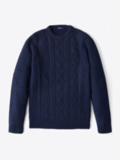 Navy Italian Wool and Cashmere Aran Crewneck Sweater Product Thumbnail 1