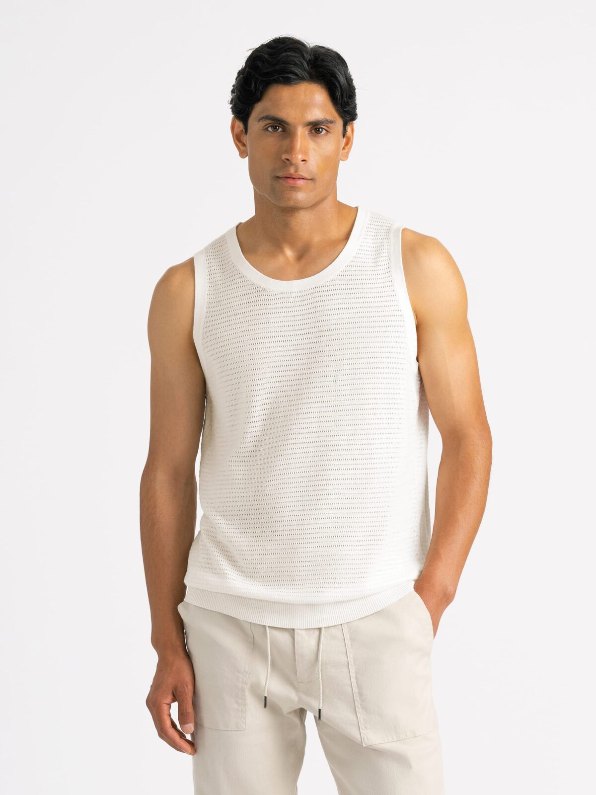 Cream Linen Blend Knit Tank