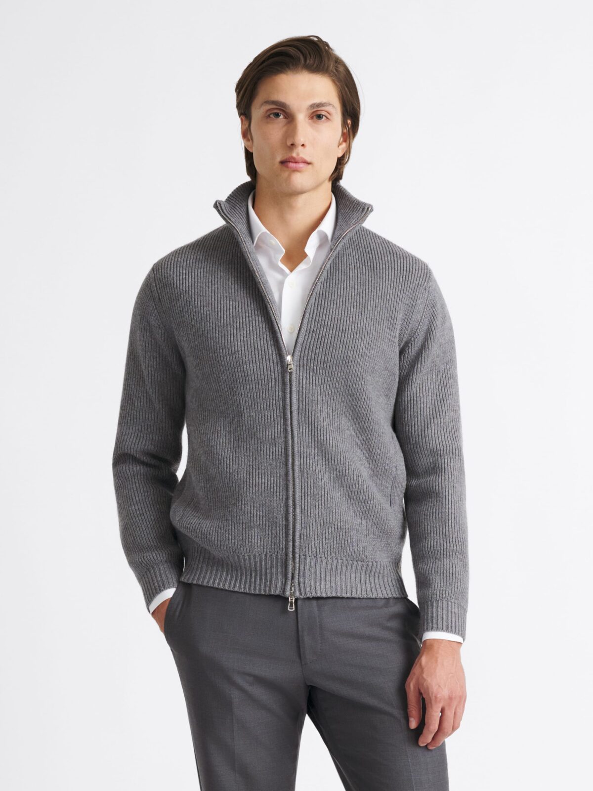Charcoal Merino Wool Full-Zip Sweater - Proper Cloth