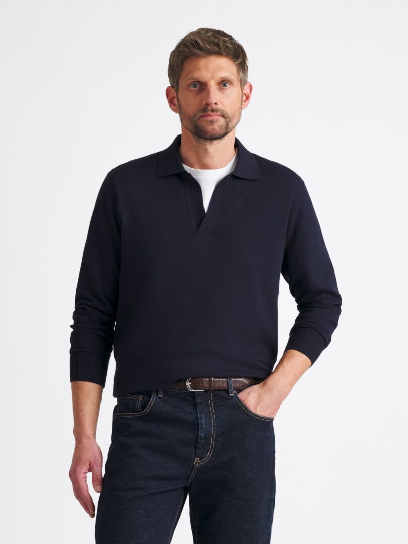 Navy Cotton Long Sleeve Knit Polo Thumb Detail