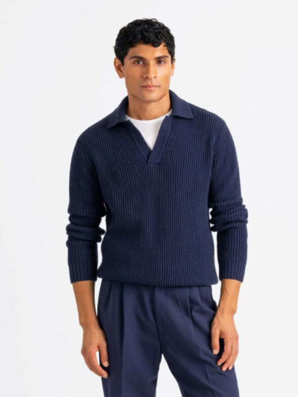 Navy Merino and Cashmere Ribbed Knit Polo Thumb Detail