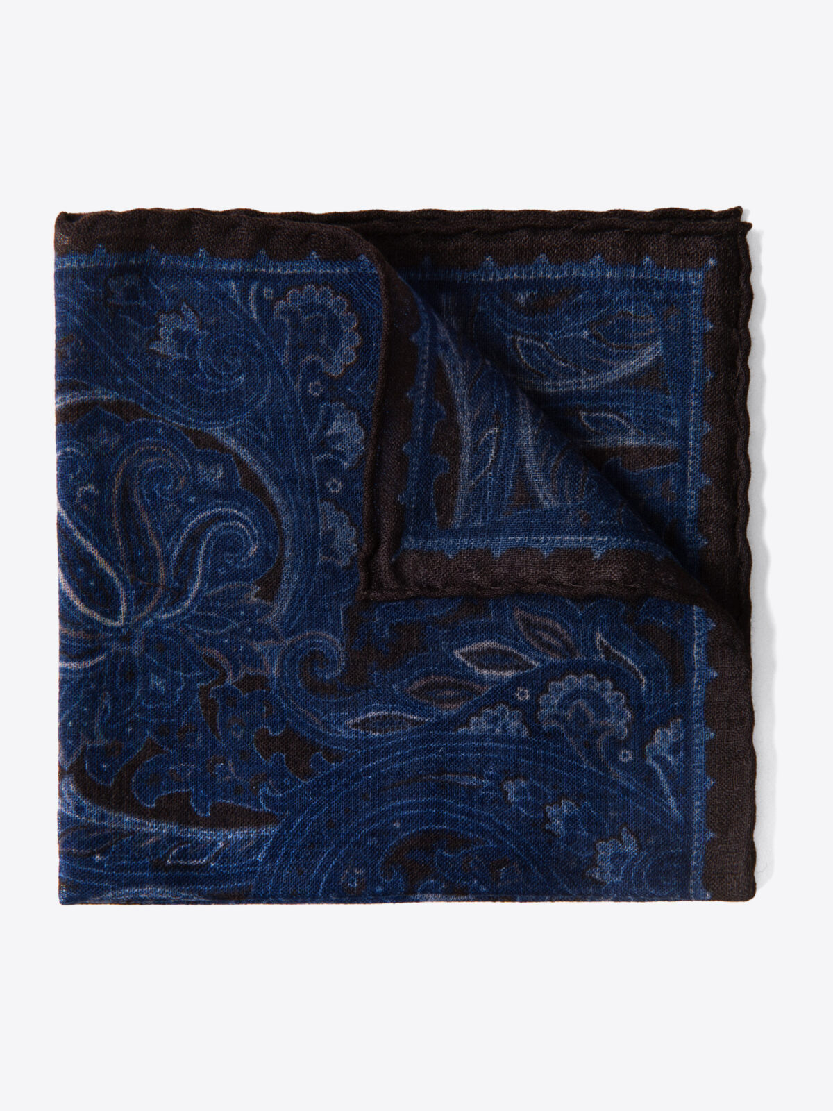 Navy and Brown Paisley Gauze Wool Pocket Square