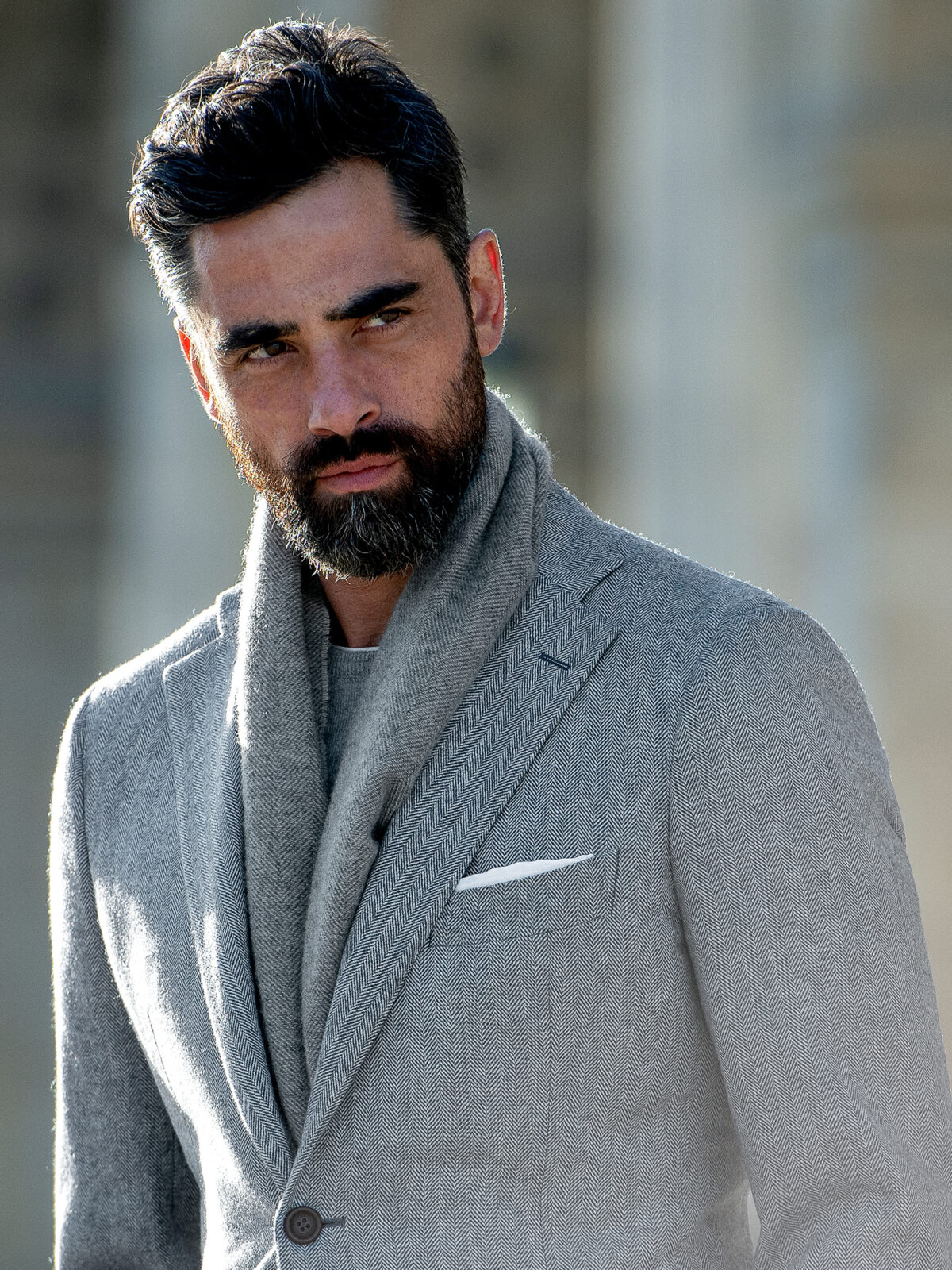 Fashionable Male Model Wearing Grey Suit Scarf And Hat Stock Photo -  Download Image Now - iStock