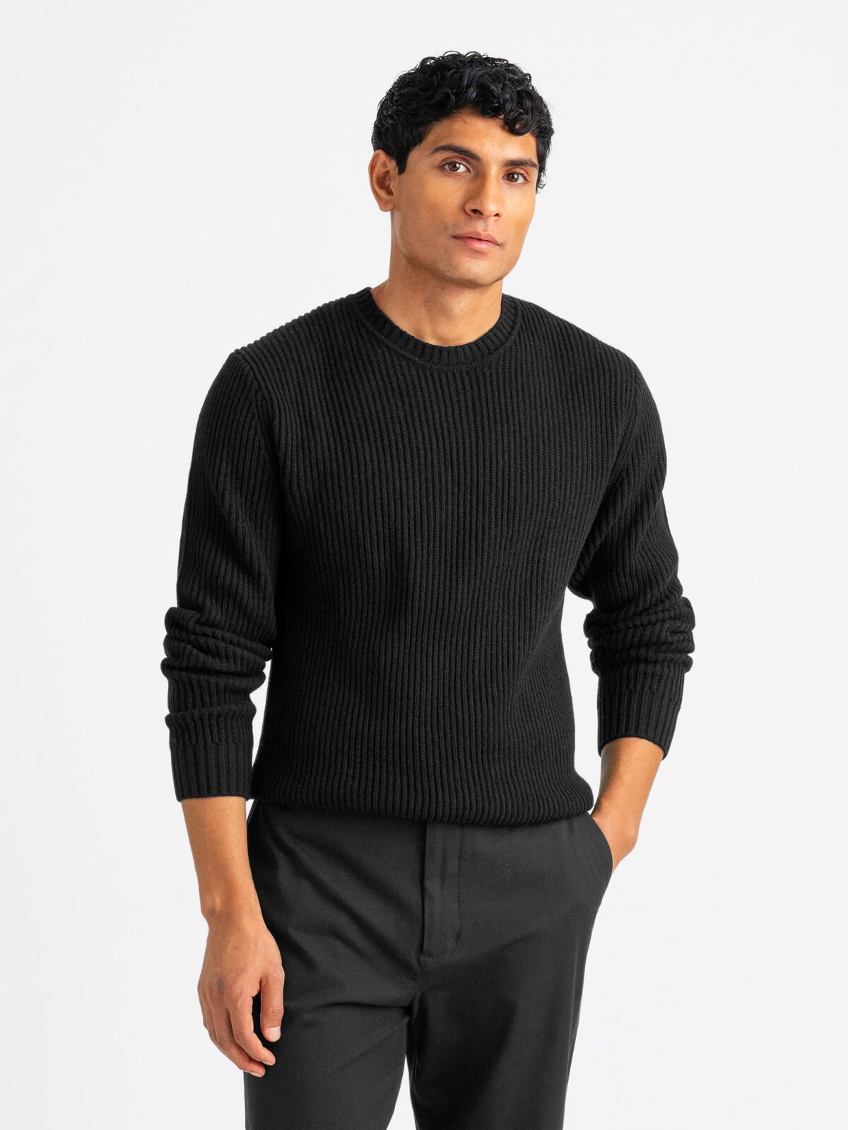Black Merino and Cashmere Ribbed Crewneck Sweater | Proper Cloth