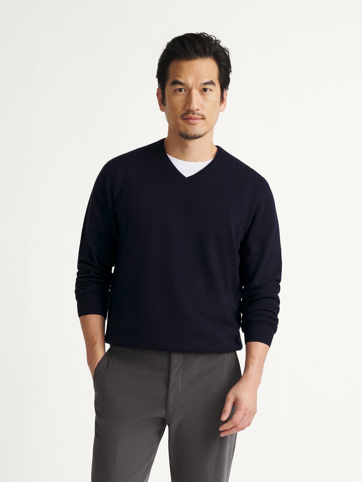 Navy Scottish Cashmere V-Neck Sweater by Proper Cloth