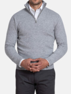 Light Grey Melange Cashmere Half-Zip Sweater Product Thumbnail 2