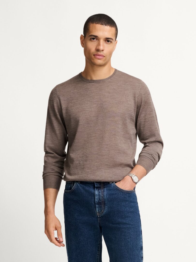 Taupe Easy Care Merino Wool Crewneck Sweater Thumb Detail