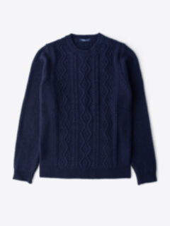 Navy Italian Wool and Cashmere Aran Crewneck Sweater Product Thumbnail 1