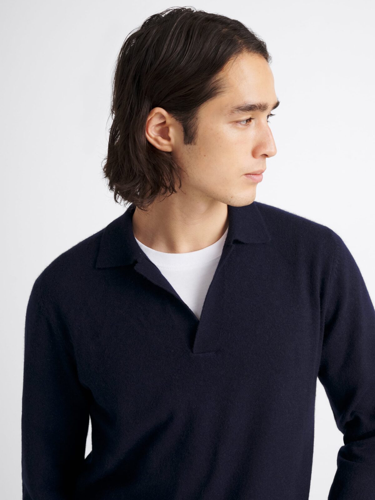 Navy Scottish Cashmere Long Sleeve Knit Polo - Proper Cloth