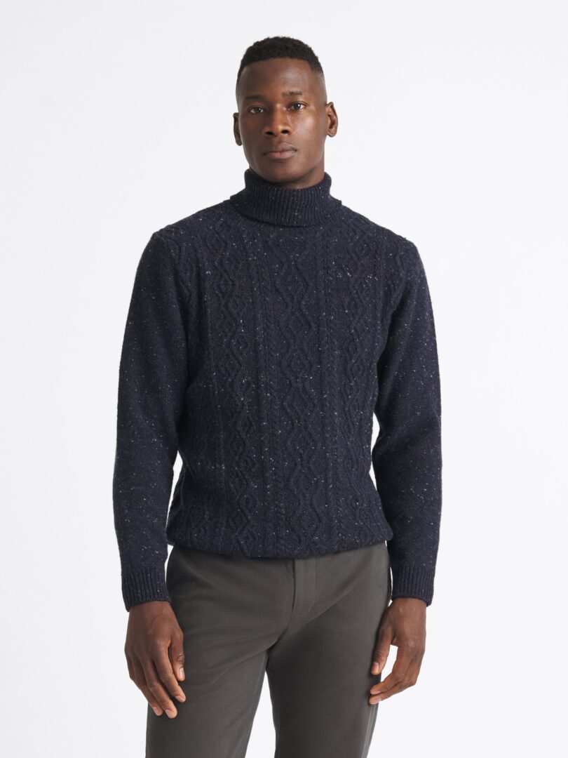 Navy Donegal Italian Merino Wool Aran Turtleneck Sweater Thumb Detail