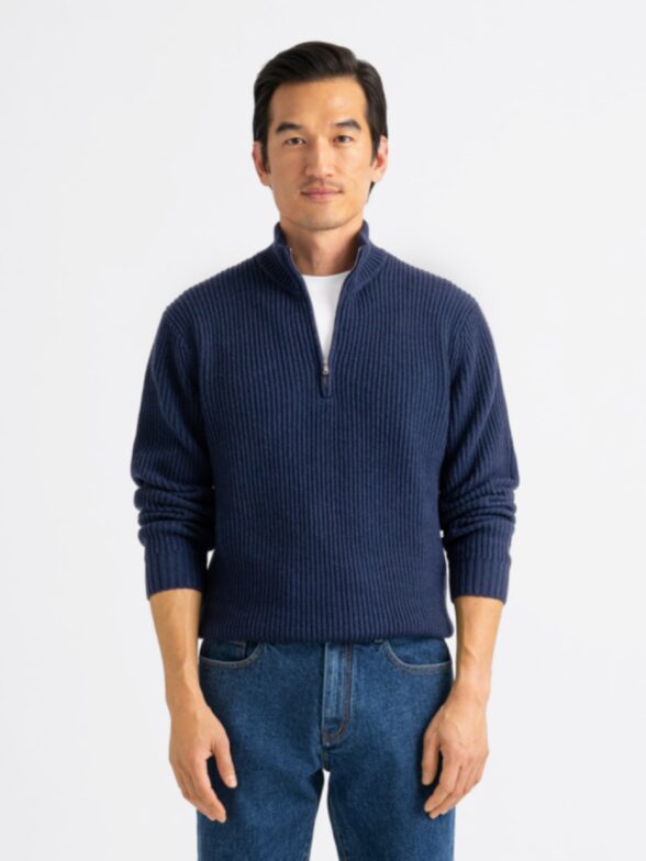 Navy Merino and Cashmere Ribbed Half-Zip Sweater Thumb Detail