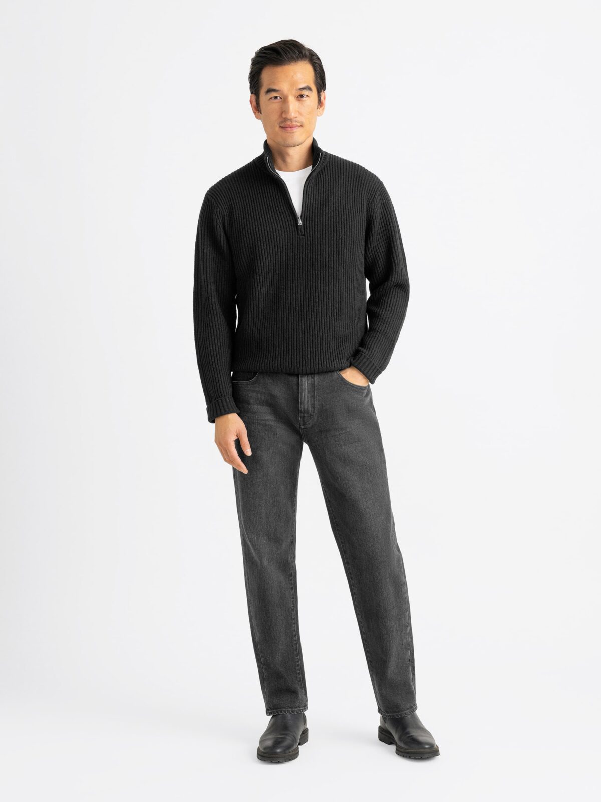 Black Merino and Cashmere Ribbed Half-Zip Sweater - Proper Cloth
