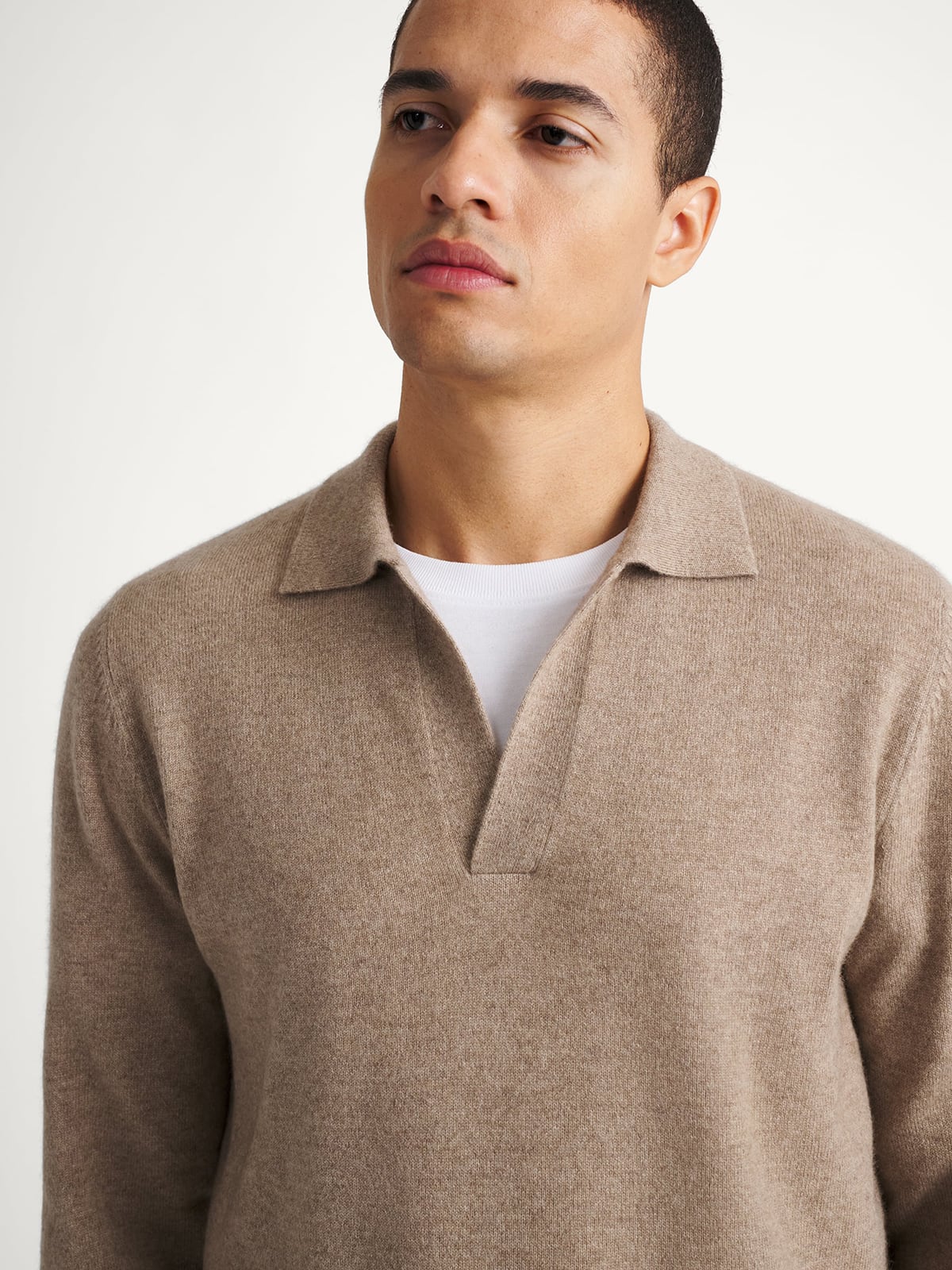 Taupe Scottish Cashmere Long Sleeve Knit Polo - Proper Cloth