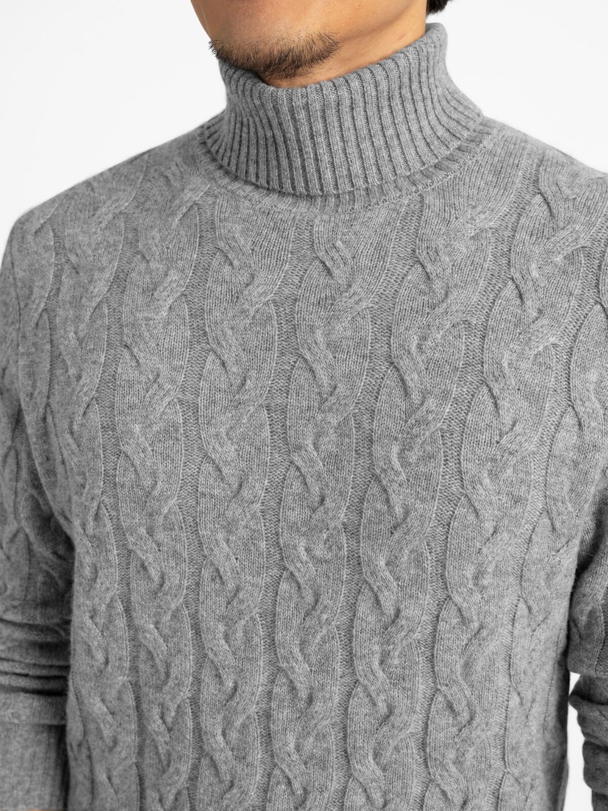 Grey Merino and Cashmere Cable Turtleneck | Proper Cloth