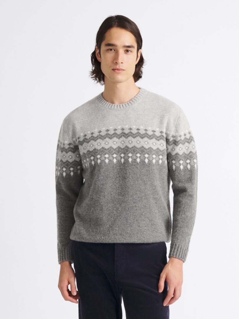 Grey Italian Merino Wool Fair Isle Crewneck Sweater Thumb Detail