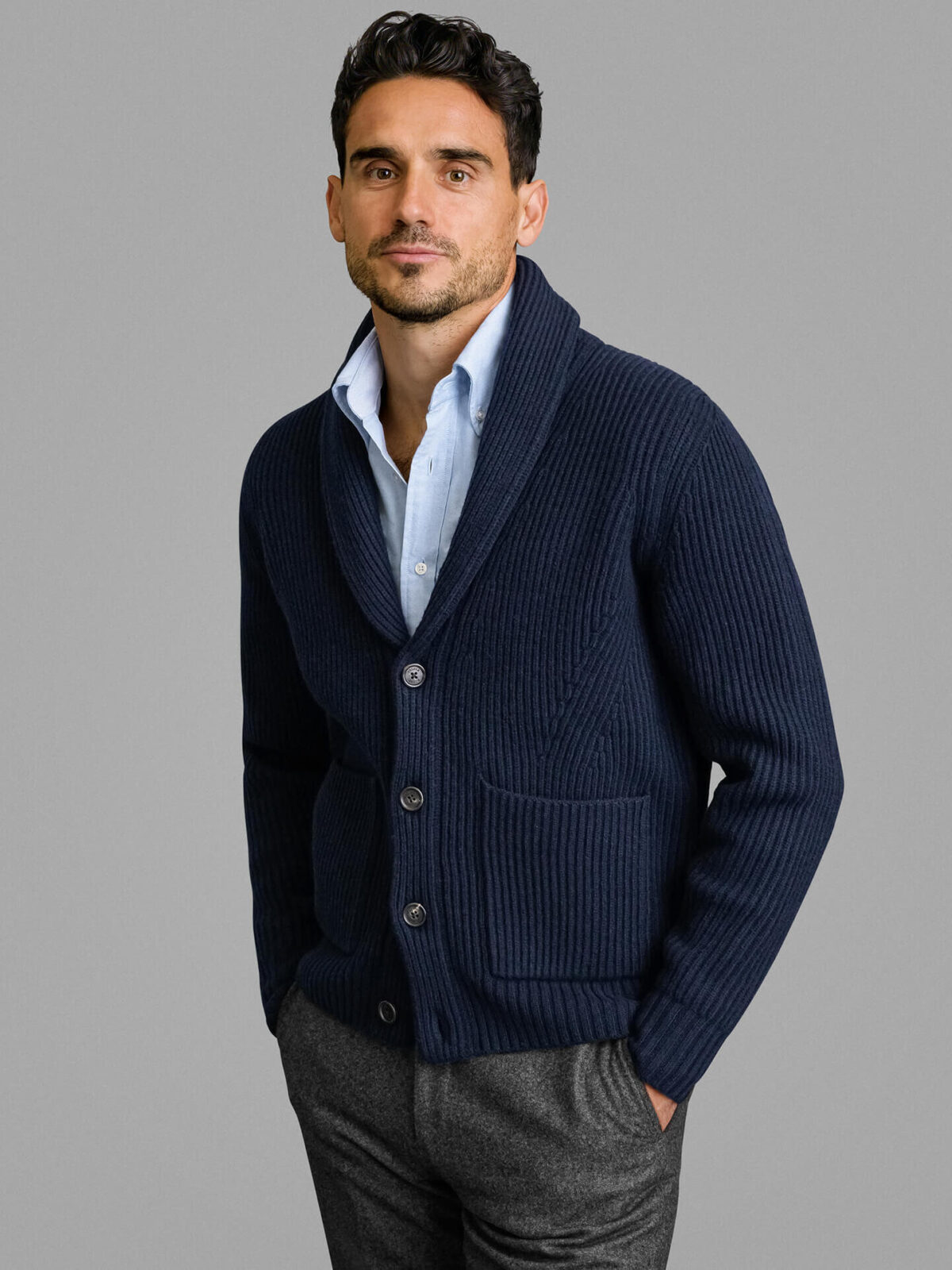Navy Merino and Cashmere Shawl Cardigan