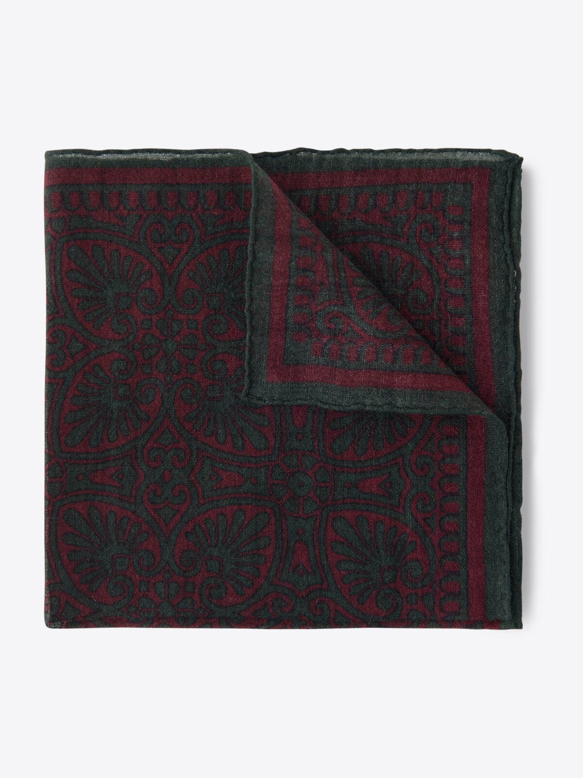 Faded Scarlet and Green Paisley Pocket Square