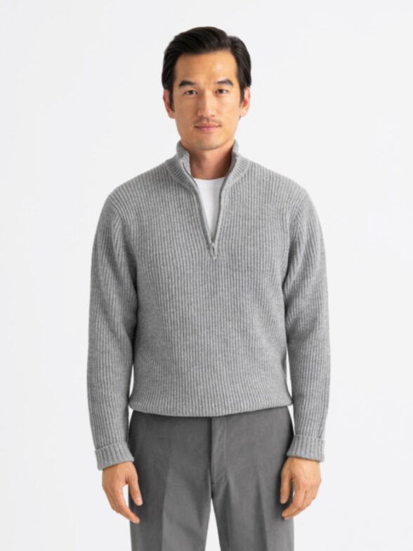 Light Grey Merino and Cashmere Ribbed Half-Zip Sweater Thumb Detail