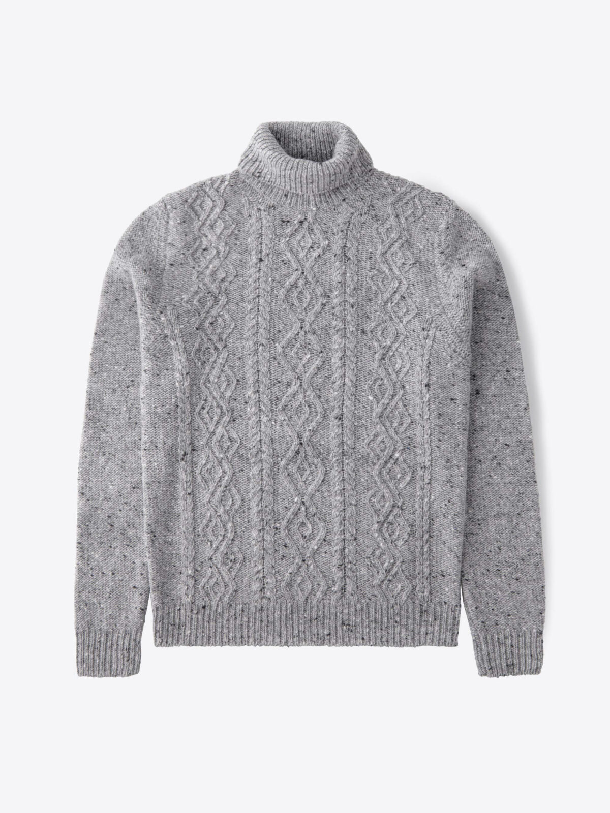 Light Grey Italian Wool and Cashmere Aran Turtleneck Sweater