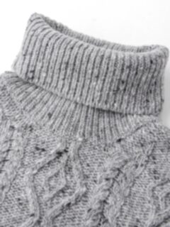 Light Grey Italian Wool and Cashmere Aran Turtleneck Sweater Product Thumbnail 2