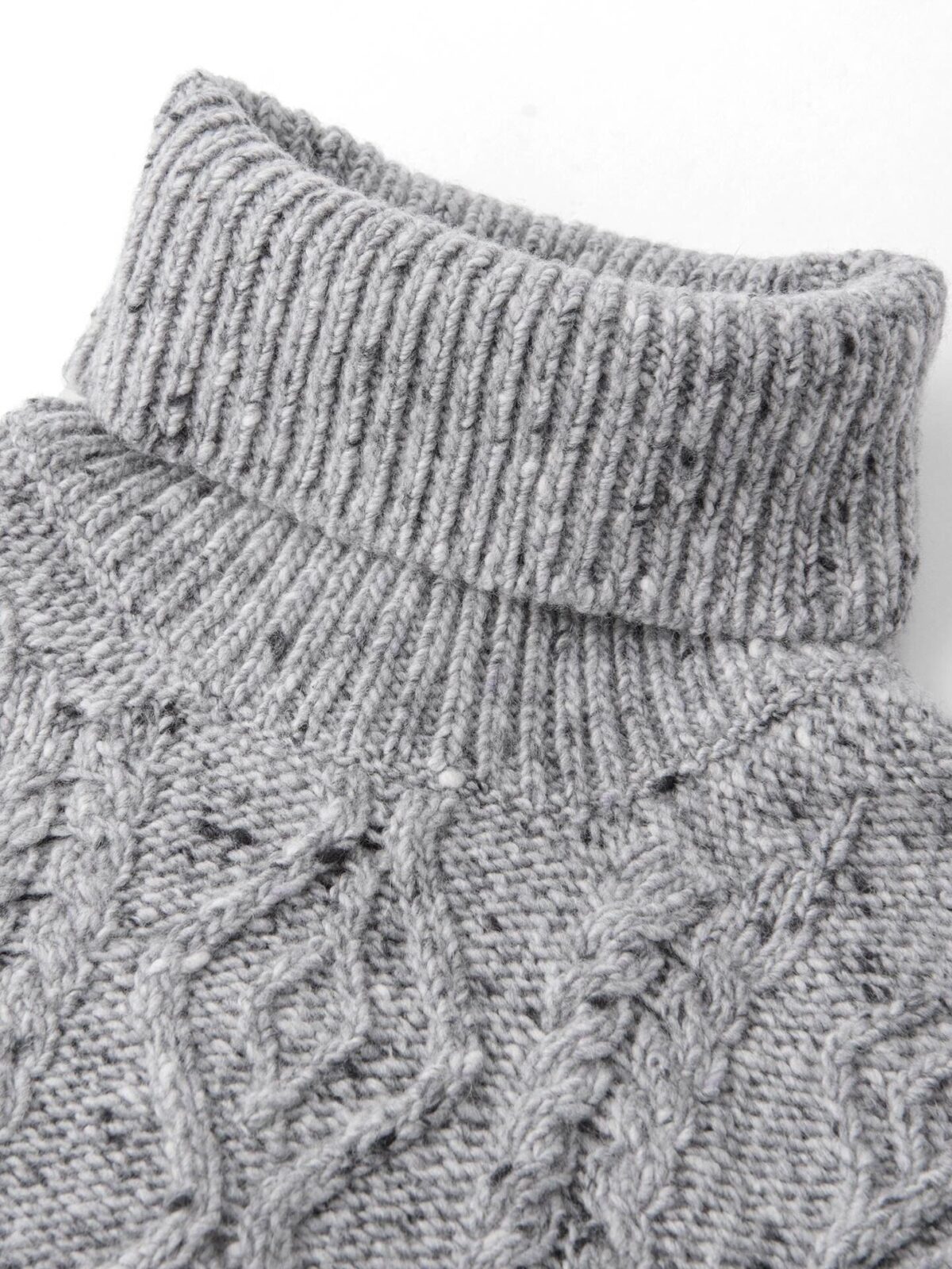 Light Grey Italian Wool and Cashmere Aran Turtleneck Sweater