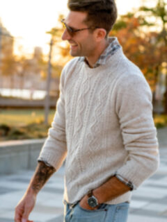 Beige Italian Wool and Cashmere Aran Crewneck Sweater Product Thumbnail 2