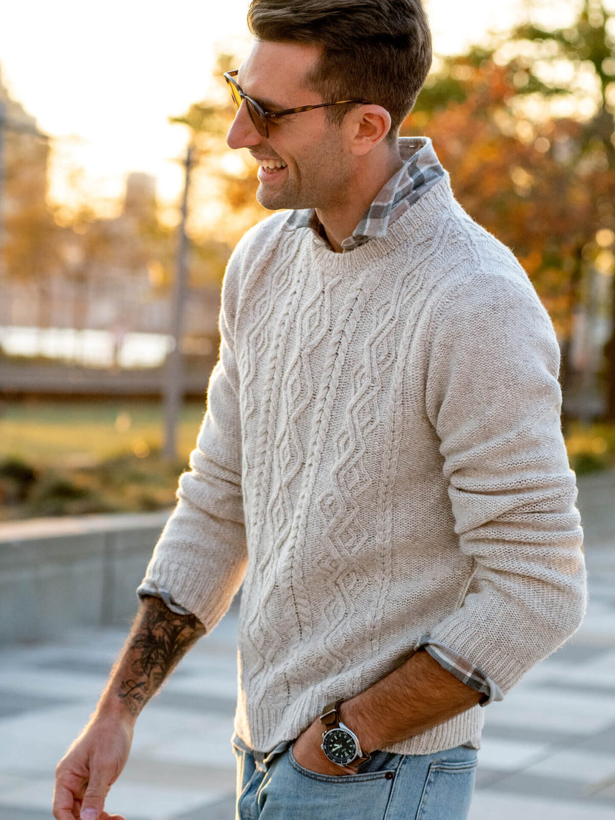 Beige Italian Wool and Cashmere Aran Crewneck Sweater