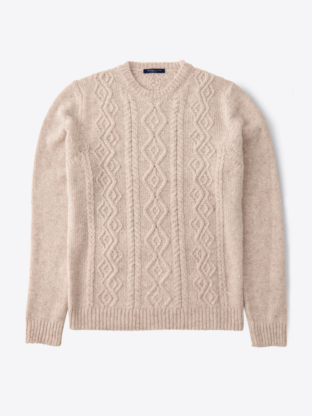 Beige Italian Wool and Cashmere Aran Crewneck Sweater