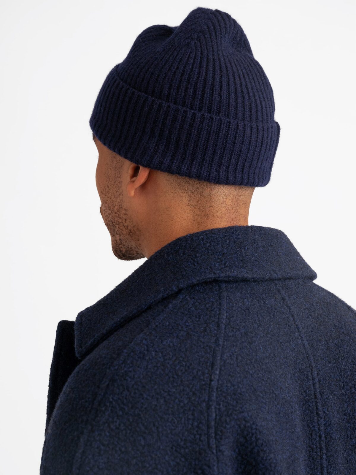 Navy Scottish Cashmere 4-Ply Ribbed Beanie - Proper Cloth