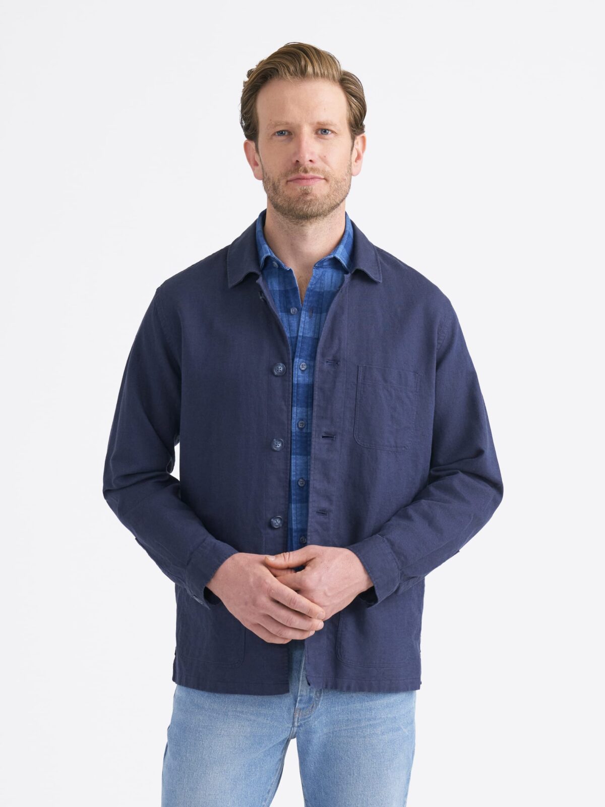 Navy Cotton Linen Basketweave Chore Jacket - Proper Cloth