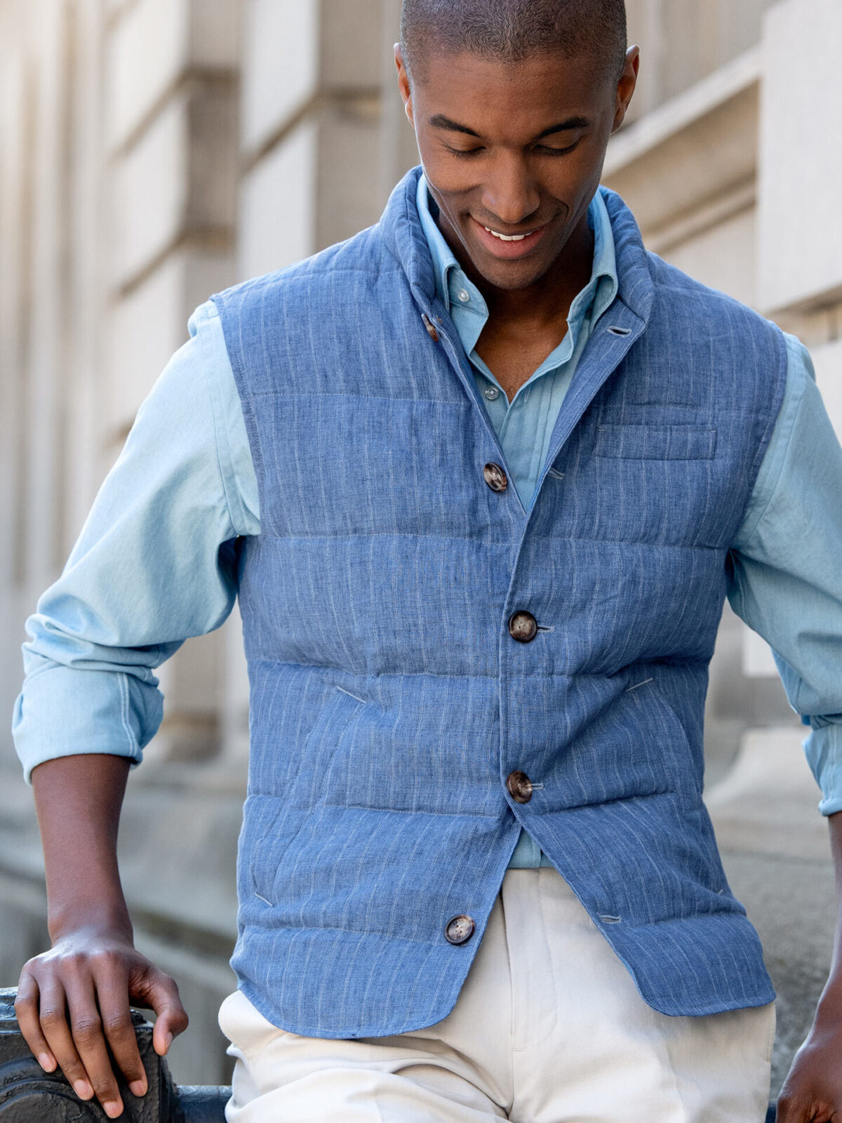 Cortina Faded Blue Pinstripe Linen Button Vest by Proper Cloth