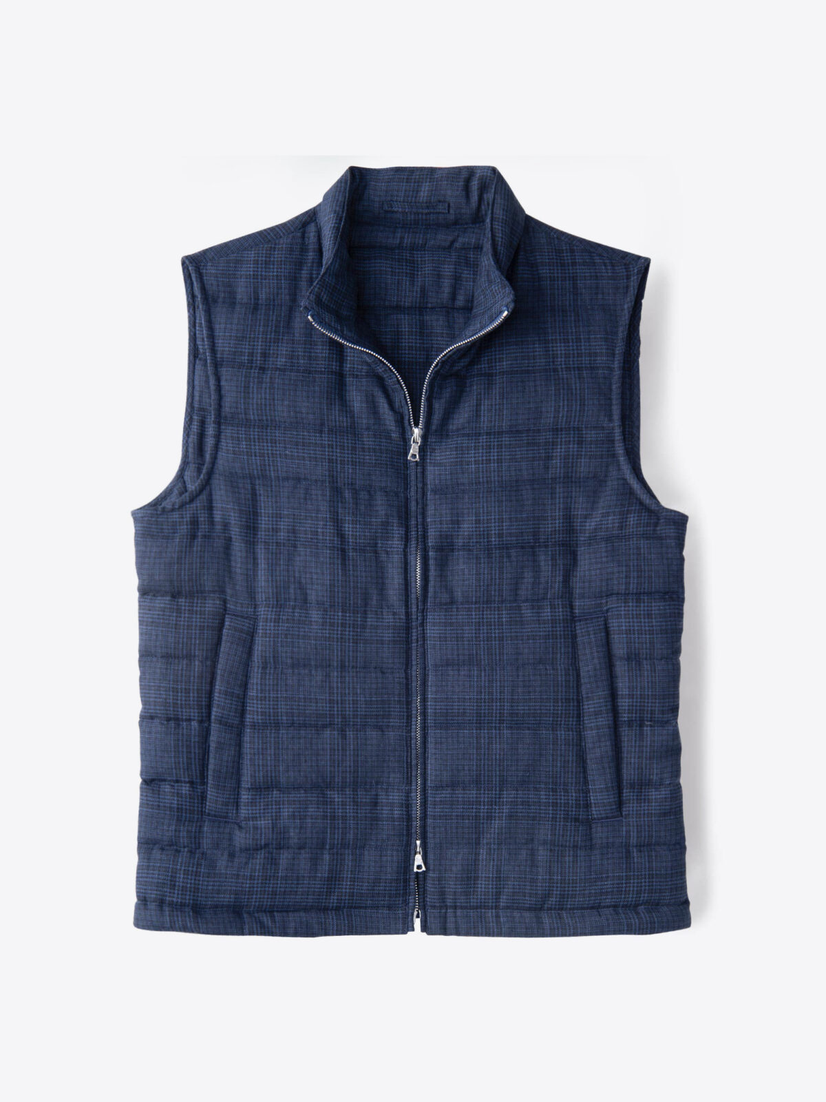 Brera Navy Glen Plaid Cotton and Linen Zip Vest
