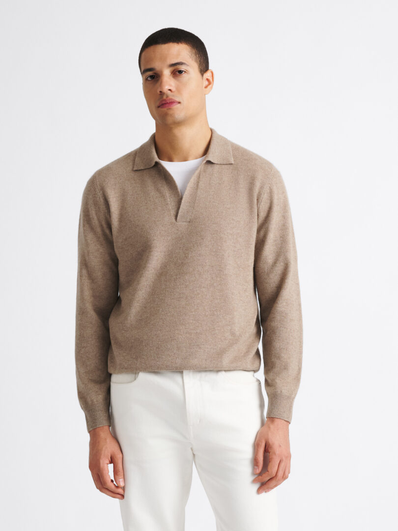 Taupe Scottish Cashmere Long Sleeve Knit Polo Thumb Detail