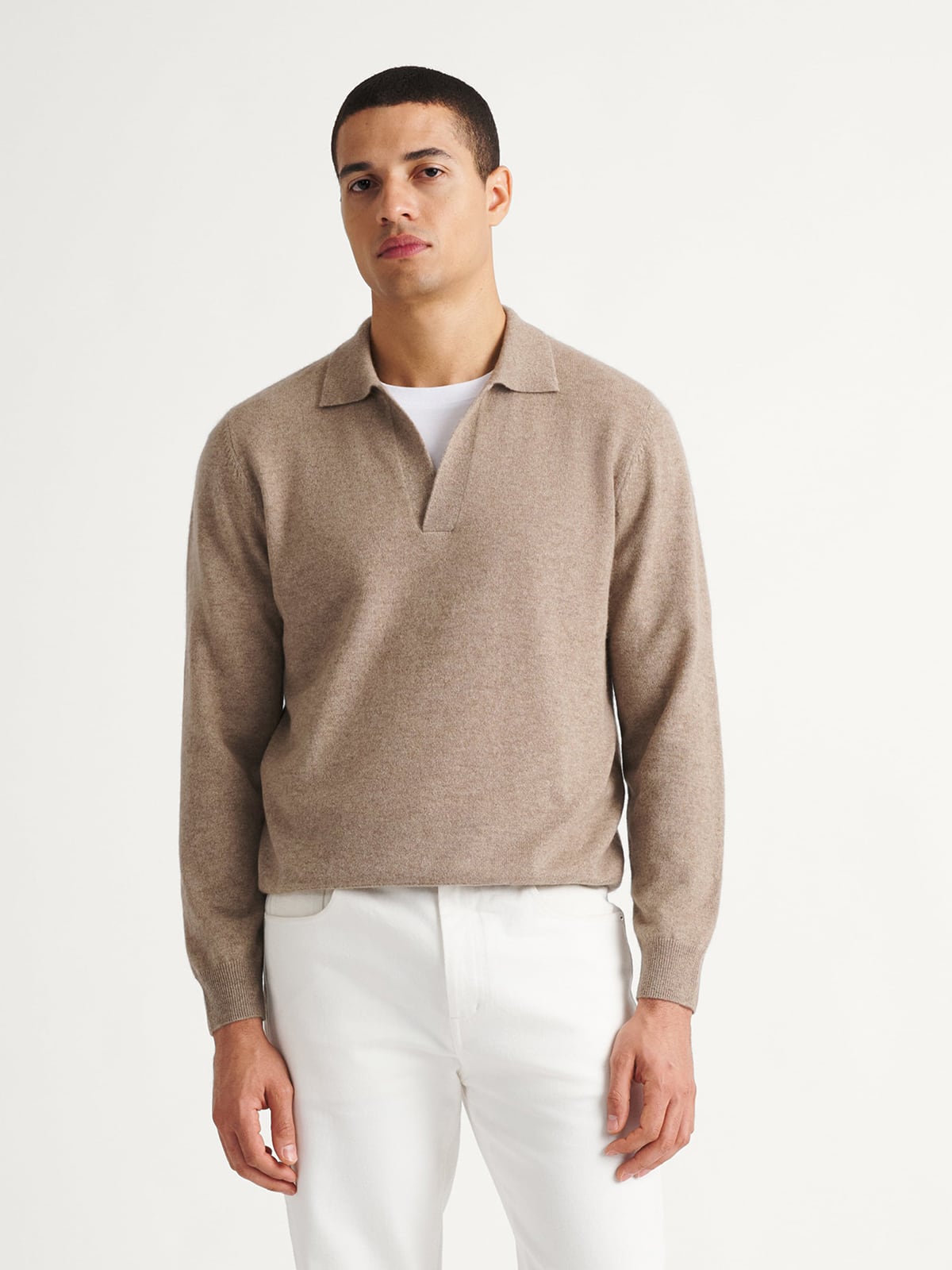 Taupe Scottish Cashmere Long Sleeve Knit Polo | Proper Cloth