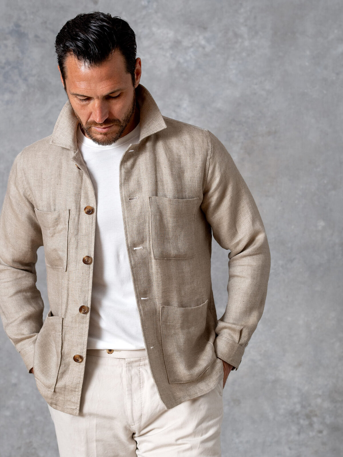 Beige Herringbone Linen Shirt Jacket by Proper Cloth