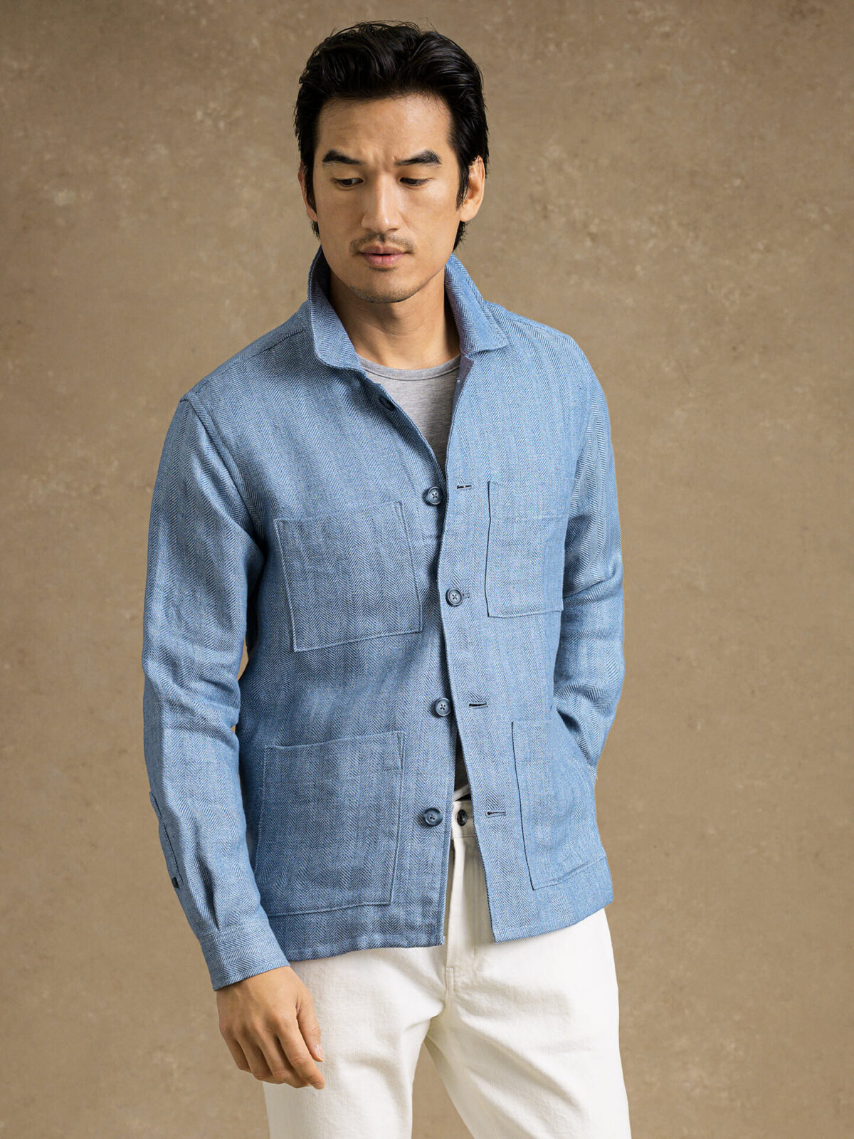 Sky Blue Herringbone Heavy Linen Shirt Jacket