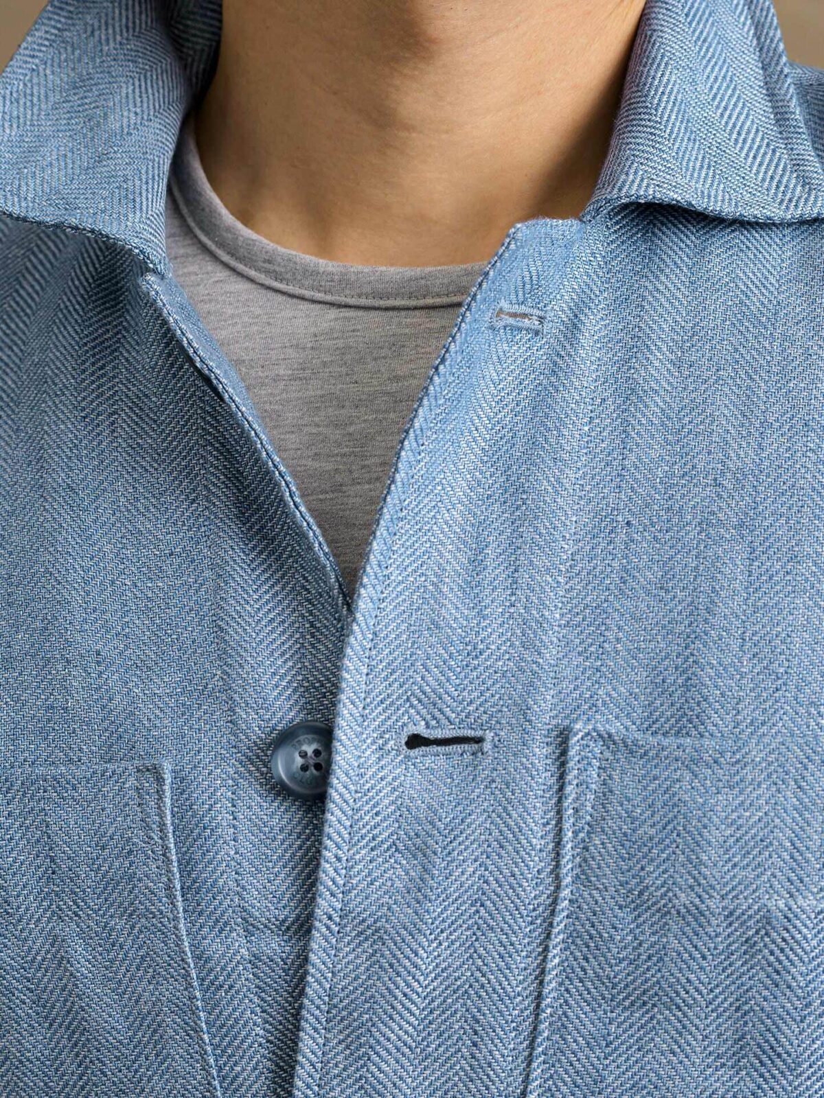 Sky Blue Herringbone Heavy Linen Shirt Jacket