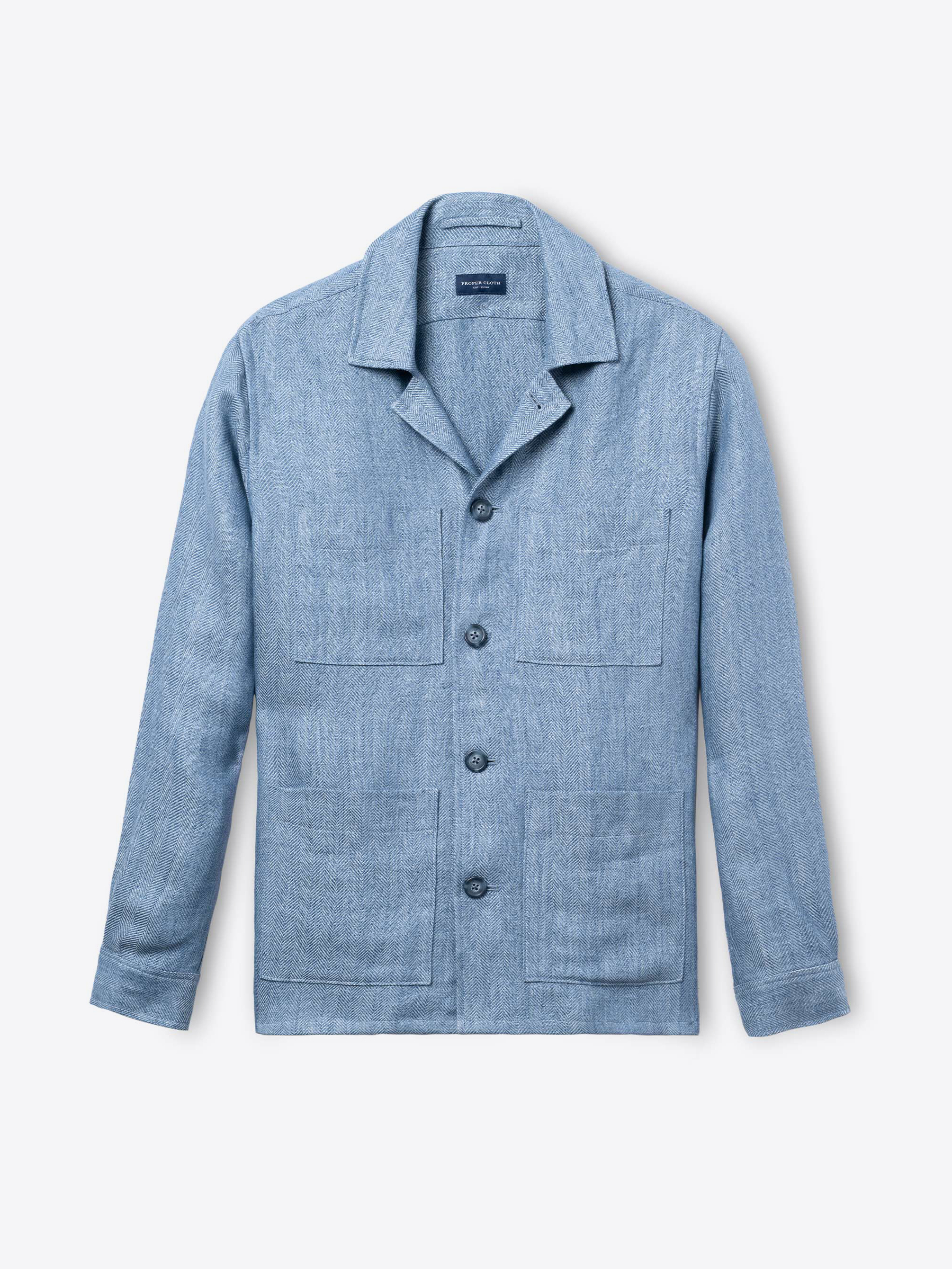 Sky Blue Herringbone Heavy Linen Shirt Jacket