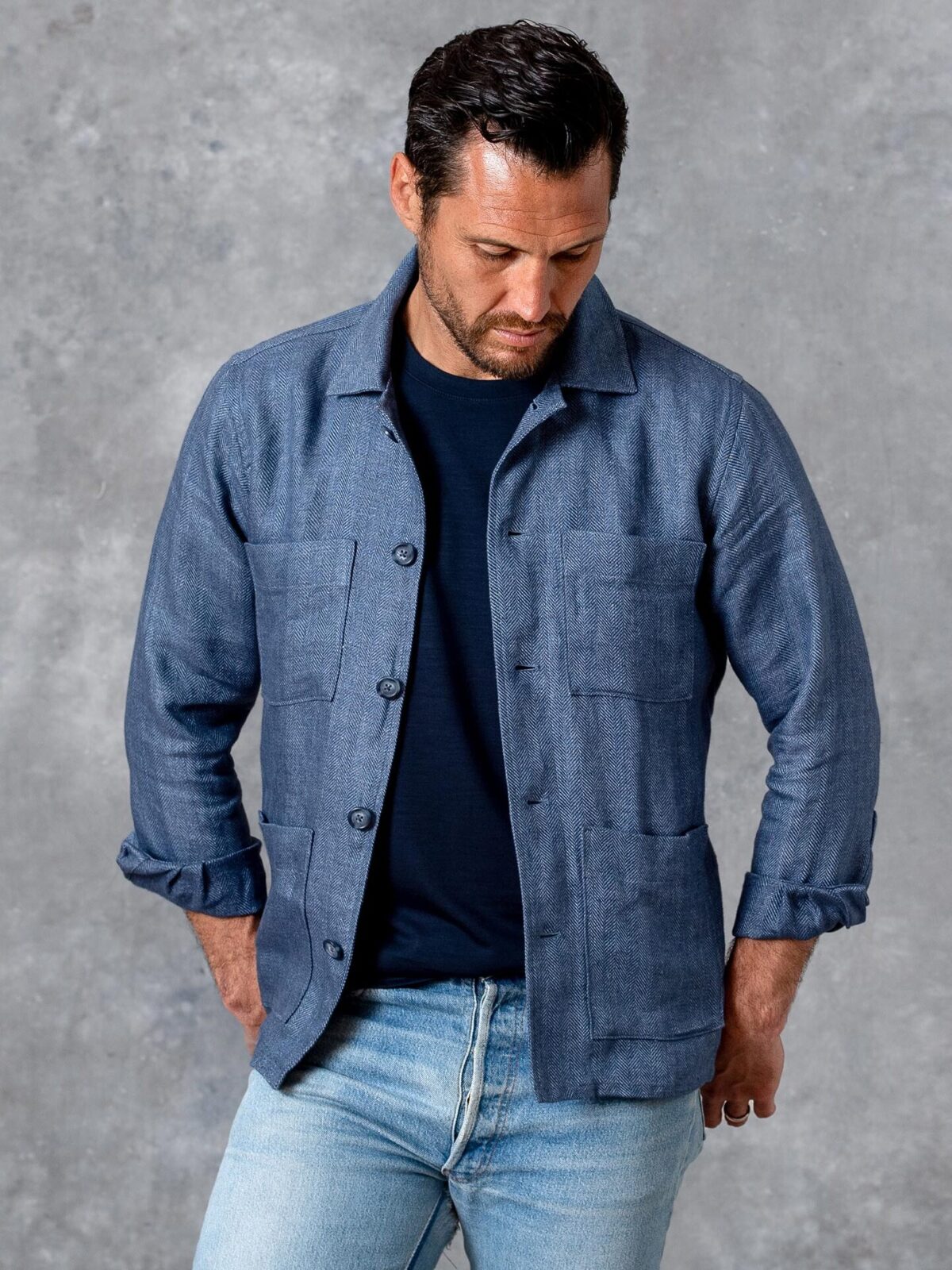 Slate Blue Herringbone Linen Shirt Jacket by Proper Cloth