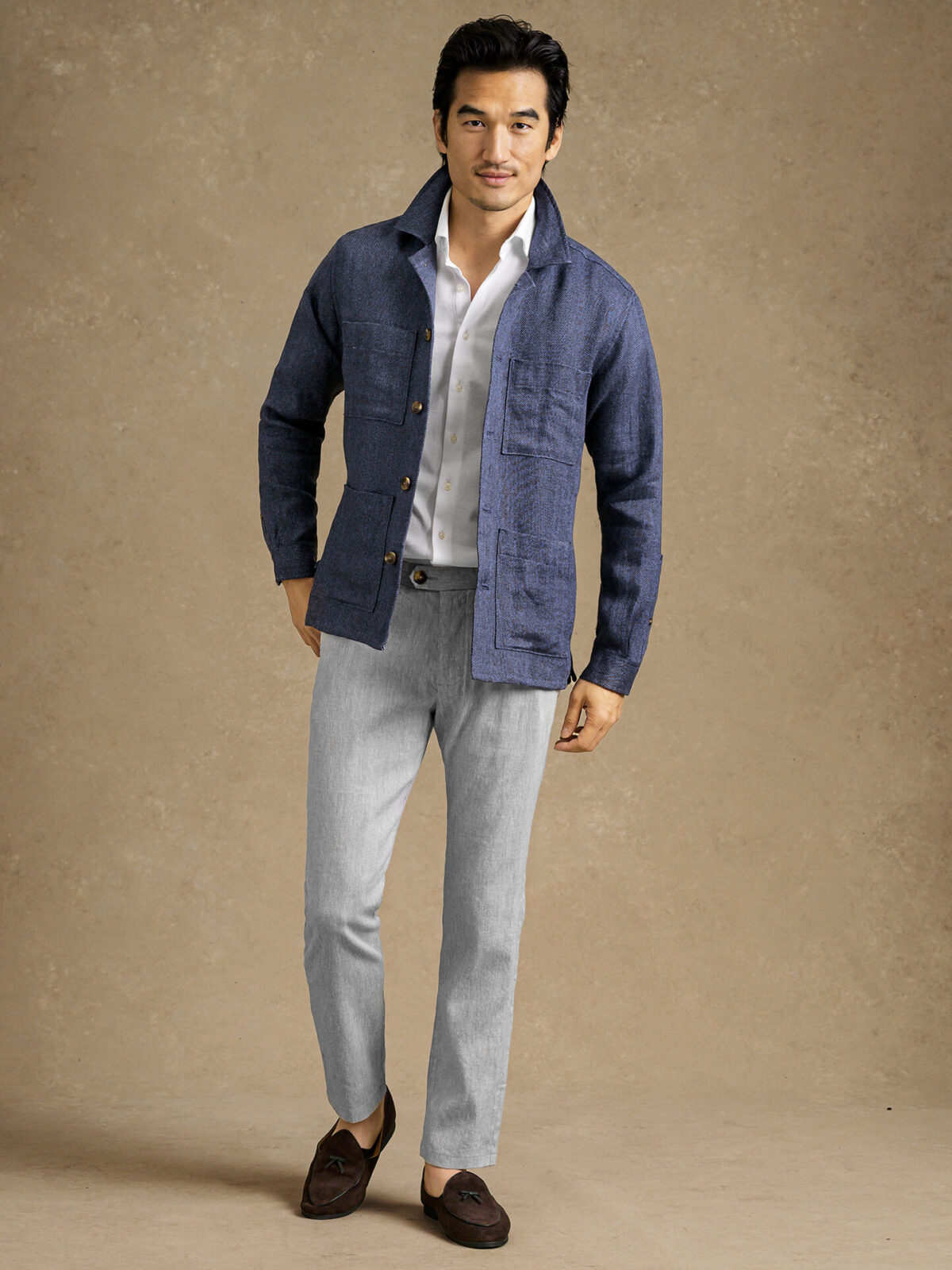 Navy Herringbone Linen Shirt Jacket