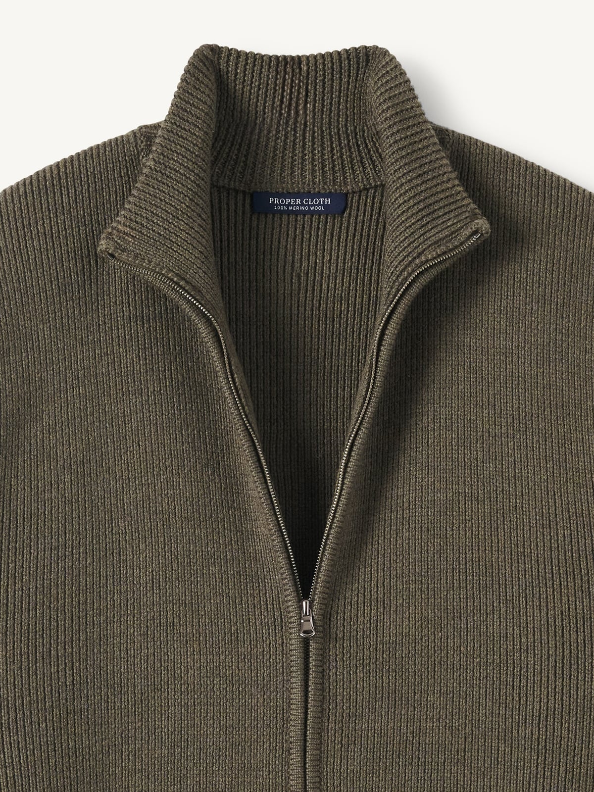 Dark Moss Merino Wool Full-Zip Heavy Sweater | Proper Cloth
