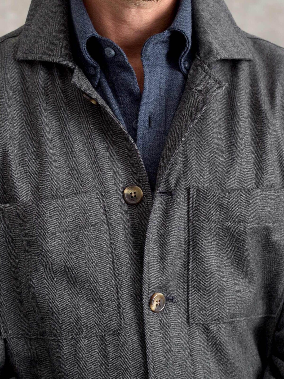 Charcoal Herringbone Wool Shirt Jacket